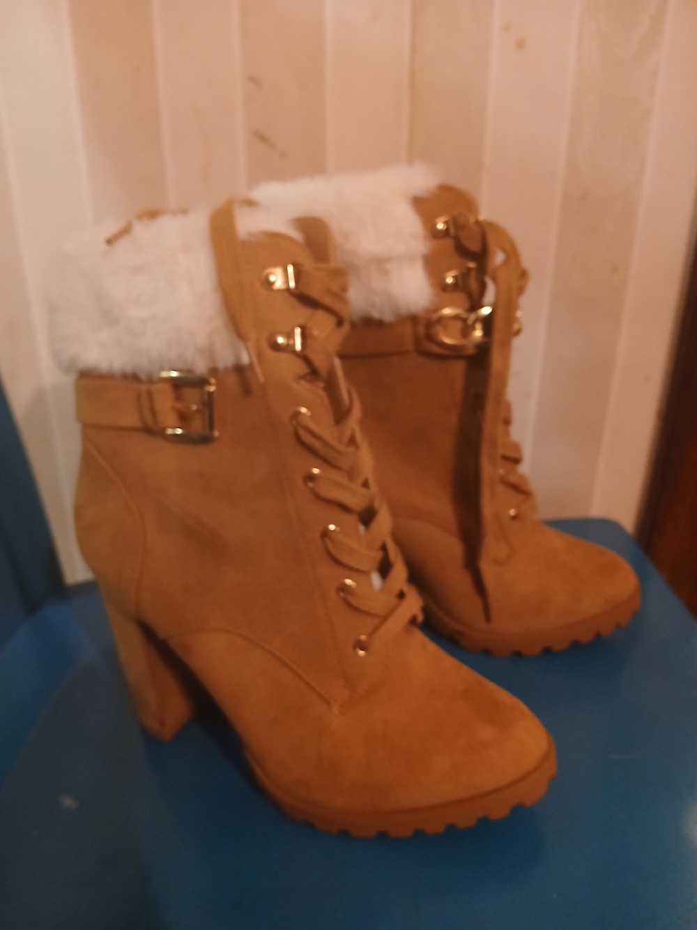 Tan Faux-Suede Fur-Trim Lace-Up Ankle Boots - Women